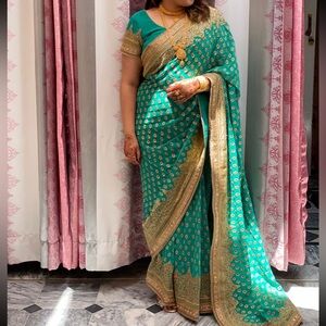 Turquoise Green Saree with Gold Embroidery - OPEN TO ALL OFFERS